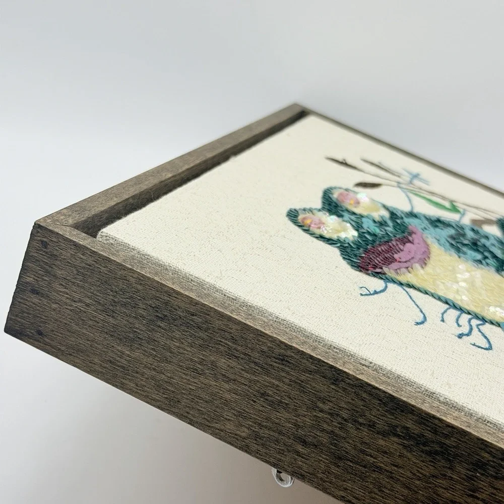 Sequenced Embriored Frog Wood Framed Wall Hanging Cottage MCM 70s 80s Granny